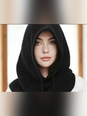 Black Waffle Knit Hood Scarf, Drawstring Winter Balaclava Neck Slouch